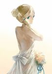  alternate_hairstyle annie_leonhardt back backless_outfit bare_shoulders blonde_hair blue_eyes bouquet bow bun_cover dress flower from_behind gloves hair_bun halterneck jewelry lips looking_back ring shingeki_no_kyojin short_hair solo wedding_dress winni_wc 