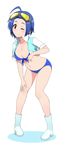  ahoge bikini blue_hair boots breasts cleavage cropped_jacket eyewear_on_head front-tie_top full_body haseneko highres idolmaster idolmaster_(classic) large_breasts leaning_forward looking_at_viewer midriff miura_azusa navel one_eye_closed pigeon-toed red_eyes short_hair simple_background smile solo sunglasses swimsuit white_background 