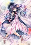  absurdly_long_hair book capelet coat crescent dress hair_ribbon hat loafers long_hair long_sleeves mob_cap mosho open_clothes open_coat open_mouth patchouli_knowledge purple_dress purple_eyes purple_hair ribbon shoes solo striped striped_dress touhou traditional_media tress_ribbon very_long_hair watercolor_(medium) 