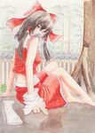  arm_support barefoot black_eyes bow brown_hair covered_mouth detached_sleeves frilled_skirt frills hair_bow hair_tubes hakurei_reimu highres looking_at_viewer mechanical_pencil midriff outdoors pencil sitting skirt solo touhou traditional_media tree uryan! watercolor_(medium) 