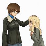  aqua_eyes blonde_hair blush bomber_jacket brown_hair buttons coat grey_eyes hand_on_another's_head hand_on_own_chest jacket long_hair long_sleeves looking_at_another military military_uniform multiple_girls open_mouth ottilie_kittel shibasaki_shouji short_hair tan uniform waltraud_nowotny white_background world_witches_series 