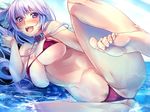  barefoot bikini blush breasts censored game_cg grimoire_no_shisho juris_elmar large_breasts lavender_hair leg_up long_hair marushin_(denwa0214) mosaic_censoring navel open_mouth partially_visible_vulva red_bikini solo swimsuit water 