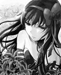  akemi_homura akuma_homura armband bare_shoulders bow elbow_gloves flower gloves greyscale hair_bow long_hair mahou_shoujo_madoka_magica mahou_shoujo_madoka_magica_movie monochrome nao-08 solo spider_lily spoilers 