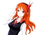  1girl akame_ga_kill! chelsea_(akame_ga_kill!) female hairband hand_to_head jpeg_artifacts long_hair looking_at_viewer md5_mismatch orange_hair pixiv_thumbnail red_eyes resized simple_background smile solo sukamon white_background 