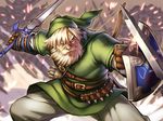  arrow bad_id bad_twitter_id battle beard belt blocking blonde_hair blue_eyes bow_(weapon) facial_hair hat knife link male_focus manly master_sword old pointy_ears quiver scar shield solo sparks sword the_legend_of_zelda throwing_knife weapon yapo_(croquis_side) 