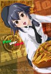 1girl artist_name beret black_hair braid brown_eyes character_name commentary_request dutch_angle eyelashes food girls_und_panzer haruhata_mutsuki hat looking_at_viewer necktie open_mouth pepperoni_(girls_und_panzer) photoshop_(medium) pizza plate reaching reaching_towards_viewer school_uniform side_braid single_braid smile solo 