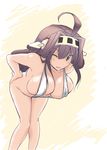  absurdres bent_over breasts brown_hair hair_ornament hands_on_hips highres kantai_collection kongou_(kantai_collection) large_breasts looking_at_viewer one_eye_closed open_mouth rino_(tisato) slingshot_swimsuit solo swimsuit yellow_eyes 