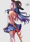  back backless_outfit bare_arms bare_shoulders blue_hair food fruit hat highres hinanawi_tenshi long_hair myero peach red_eyes shirt single_thighhigh skirt sleeveless sleeveless_shirt smile solo sword_of_hisou thighhighs touhou 