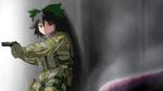  black_hair camouflage hair_ribbon kugi_(kugi-xiv) long_hair red_eyes reiuji_utsuho ribbon solo touhou weapon 