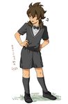  beamed_eighth_notes brown_hair contrapposto fudou_akio inazuma_eleven_(series) inazuma_eleven_go long_hair male_focus mizuhara_aki musical_note older one_eye_closed soccer_uniform solo sportswear standing tongue tongue_out tuxedo 
