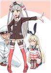  2girls :3 admiral_(kantai_collection) amatsukaze_(kantai_collection) blonde_hair brown_eyes dress elbow_gloves garter_straps gloves hair_tubes hairband kantai_collection long_hair multiple_girls sailor_dress school_uniform serafuku shimakaze_(kantai_collection) short_dress silver_hair skirt striped striped_legwear thighhighs two_side_up zettai_ryouiki zon_nura 