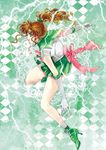  argyle argyle_background back_bow bare_legs bishoujo_senshi_sailor_moon boots bow brown_hair choker earrings elbow_gloves electricity full_body gloves green_background green_eyes green_footwear green_sailor_collar green_skirt hair_bobbles hair_ornament jewelry kino_makoto magical_girl pink_bow ponytail ribbon sailor_collar sailor_jupiter sailor_senshi_uniform shoes short_hair skirt smile solo tiara tsuna2727 white_gloves 