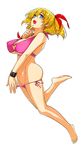  :d bangle bare_legs barefoot bikini bikini_pull blonde_hair blue_eyes bracelet breasts covered_nipples dakara_boku_wa_h_ga_dekinai fukumune_iria full_body hair_ribbon jewelry katsurai_yoshiaki large_breasts leg_up official_art open_mouth pink_bikini pulled_by_self ribbon short_hair short_ponytail side-tie_bikini simple_background smile solo swimsuit white_background 