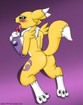  2014 anthro bandai bedroom_eyes big_butt blue_eyes blush breasts butt candy canine claws digimon drako1997 female fox fur hi_res kneeling licking lollipop looking_at_viewer mammal nude open_mouth presenting raised_tail renamon saliva shiny solo tongue yellow_fur 