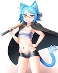  1girl animal_ears bandage baseball_bat bike_shorts blue_hair breasts female gakuran glasses grin hand_on_hip jacket looking_at_viewer myouan navel red_eyes sarashi school_uniform short_hair short_shorts shorts small_breasts smile solo tail 