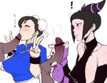  ! 2girls black_hair black_nails blush censored chun-li deroichi double_bun double_v eyeshadow fellatio fingerless_gloves gloves han_juri makeup multiple_girls nail_polish oral penis precum red_eyes rough street_fighter sweat v 