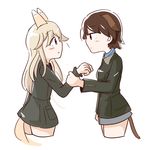  animal_ears aqua_eyes arm_holding blonde_hair blue_eyes blush bomber_jacket brown_hair dog_ears dog_tail fox_ears fox_tail honda_takashi_(enorea) jacket long_hair long_sleeves looking_at_another military military_uniform multiple_girls ottilie_kittel short_hair simple_background tail uniform waltraud_nowotny white_background world_witches_series 