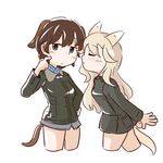  animal_ears aqua_eyes blonde_hair blush bomber_jacket bottomless brown_hair buttons closed_eyes dog_ears dog_tail fox_ears fox_tail heart honda_takashi_(enorea) imminent_kiss jacket leaning leaning_forward long_hair long_sleeves looking_away military military_uniform multiple_girls ottilie_kittel short_hair simple_background tail uniform waltraud_nowotny white_background world_witches_series yuri 