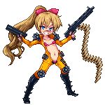  5pb. bikini billy_the_kid_(eiyuu_senki) blonde_hair blue_eyes boots bow eiyuu_senki facial_scar flat_chest full_body grin gun hair_bow handgun jumpsuit knee_pads long_hair lowres machine_gun navel niino nose_scar open_clothes pixel_art pussy scar shoulder_pads smile solo standing swimsuit transparent_background weapon 