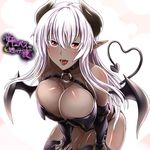  black_gloves black_legwear blush breasts cleavage dark_skin demon_girl elbow_gloves gloves heart heart_tail highres horns huge_breasts leaning_forward looking_at_viewer open_mouth original pointy_ears smile solo sorono succubus tail thighhighs tsurime white_hair wings 