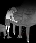  bad_id bad_pixiv_id bow bowtie chair chloe_no_requiem clenched_teeth crying greyscale hair_over_eyes instrument kangmoro male_focus monochrome piano pierre_d'alembert ponytail shorts solo suspenders tears teeth translated 