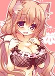  animal_ears blush bra breasts brown_hair cat_ears cleavage fang large_breasts long_hair looking_at_viewer off_shoulder open_mouth original purple_eyes ribbon solo suzune_rena underwear 