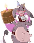  anthro bell blush bovine cake candle cattle clothed clothing cold-blooded-twilight collar female flower food fur hat hi_res looking_at_viewer mammal moo one_eye_closed open_mouth original_character party_hat plate simple_background skimpy solo spots tail_tuft teats tuft udders 