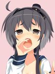  ahoge bad_id bad_pixiv_id black_hair brown_eyes commentary fellatio_gesture hairband hat highres kantai_collection mijinko_(rioriorio) mini_hat open_clothes open_mouth open_shirt oral_simulation sexually_suggestive shirt short_hair solo tokitsukaze_(kantai_collection) tongue 