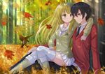  1girl arm_on_shoulder autumn autumn_leaves bangs bird black_eyes black_hair blazer blonde_hair blunt_bangs blurry blush boots collarbone dappled_sunlight depth_of_field expressionless flower from_side full_body hair_between_eyes hair_flower hair_ornament jacket kazenokaze light_rays long_hair long_sleeves looking_away nature necktie original outdoors scenery school_uniform serafuku shiny shiny_hair sitting sitting_on_lap sitting_on_person skindentation skirt smile sunbeam sunlight sweater tareme thighhighs tree tree_shade tsurime wallpaper white_legwear yellow_eyes 