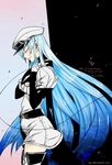  1girl akame_ga_kill! aqua_hair blue_hair boots breasts character_reques esdeath esdese hat highres ice large_breasts long_boots long_hair miniskirt skirt standing stitched uniform 
