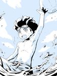  arm_up armpits ball beachball blue cloud fisheye goggles goggles_on_head hamano_kaiji inazuma_eleven_(series) inazuma_eleven_go male_focus mizuhara_aki monochrome navel no_nipples open_mouth outdoors shirtless sky solo water 