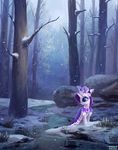  2014 aeronjvl blue_eyes cape costume crown equine female forest friendship_is_magic horn mammal my_little_pony outside princess_platinum_(mlp)purple_hair rarity_(mlp) snoe snow snowing solo standing stream tree unicorn water 