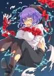  blush breasts crying electricity hat iroyopon large_breasts nagae_iku open_mouth purple_hair ribbon shawl short_hair solo tears torn_clothes touhou 