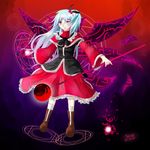  belt blue_hair boots bow capelet dress energy_ball hair_bobbles hair_ornament jacket long_hair long_sleeves magic_circle multiple_wings palinus pink_eyes red_dress shinki side_ponytail silver_hair solo staff touhou touhou_(pc-98) wings 