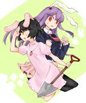  animal_ears arm_up bad_id bad_pixiv_id bare_legs black_hair blazer blush bunny_ears bunny_tail carrot carrot_necklace dress dress_shirt fang hand_on_own_head hands_clasped highres inaba_tewi jacket jewelry kasuka_(kusuki) leg_up long_hair long_sleeves looking_at_viewer multiple_girls necklace necktie orange_eyes own_hands_together pendant pink_dress pleated_skirt puffy_short_sleeves puffy_sleeves purple_hair red_eyes red_neckwear reisen_udongein_inaba shirt short_hair short_sleeves shovel skirt skirt_set smile sweatdrop tail touhou very_long_hair wavy_mouth white_shirt 