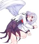  absurdres baicha bare_legs bow bowtie collared_shirt cropped_jacket feathered_wings hair_between_eyes highres jacket kishin_sagume long_sleeves looking_at_viewer lying on_side open_clothes open_jacket purple_shirt purple_skirt red_eyes red_neckwear shirt silver_hair simple_background single_wing skirt solo touhou white_background white_jacket white_wings wing_collar wings 