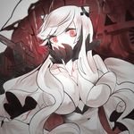  breasts cleavage covered_mouth horns itomugi-kun kantai_collection large_breasts long_hair looking_at_viewer machinery midway_hime monster pale_skin red_eyes shinkaisei-kan solo turret veins white_hair 