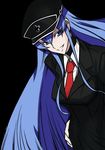  1girl akame_ga_kill! blue_hair breasts character_reques esdeath esdese hat highres ice large_breasts long_hair looking_at_viewer standing stitched tattoo uniform 