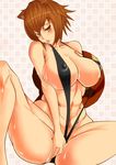  animal_ears bare_shoulders blazblue blush breasts brown_eyes brown_hair cleavage makoto_nanaya navel nontan_(nontanexx) short_hair simple_background slingshot_swimsuit solo squirrel_ears squirrel_tail swimsuit tail 