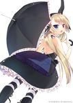  :d bare_back black_dress blonde_hair blue_eyes blush boots dress frills from_behind galaxy_dungeon hairband heterochromia lolita_hairband long_hair looking_at_viewer open_mouth pantyhose red_eyes sazaki_ichiri smile solo striped striped_legwear twintails umbrella white_background 