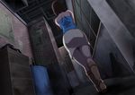  1girl ass back bare_shoulders boots brown_hair butcha-u eroquis from_behind highres jill_valentine legs looking_away resident_evil resident_evil_3 short_hair skirt solo standing tank_top thighs trash_can walking 