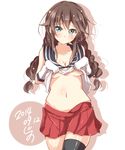  asymmetrical_legwear blush braid breasts brown_hair cowboy_shot gloves green_eyes jiino kantai_collection long_hair looking_at_viewer medium_breasts messy_hair midriff navel noshiro_(kantai_collection) shirt_lift solo stomach thighhighs underboob 