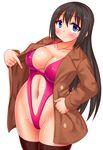  1girl black_hair black_legwear black_thighhighs blue_eyes blush breasts coat curvy female large_breasts long_hair navel original pink_swimsuit sakaura sakaura_(layer255) simple_background solo standing swimsuit thighhighs white_background 