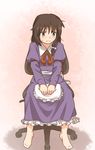  blush brown_eyes brown_hair chair cosplay dress embarrassed frilled_dress frills full_body hat hat_removed headwear_removed holding holding_hat maribel_hearn maribel_hearn_(cosplay) office_chair short_hair sitting sweat touhou unagi_sango usami_renko 