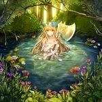 axe blonde_hair blue_eyes flower forest head_wreath honest_axe long_hair looking_at_viewer lotus nature original parody partially_submerged pond settyaro solo tree tree_branch very_long_hair water weapon 