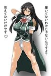  bare_legs belt black_gloves black_hair breasts brown_eyes chikuma_(kantai_collection) elbow_gloves fundoshi gloves groin hand_behind_head highres japanese_clothes kantai_collection large_breasts long_hair looking_at_viewer pelvic_curtain remodel_(kantai_collection) shirt short_sleeves single_glove smile solo torii5011 translated white_shirt 