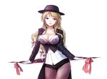  alternate_costume blonde_hair breasts bustier cleavage cowboy_shot fishnet_pantyhose fishnets gap gloves hat highres large_breasts looking_at_viewer minust pantyhose parted_lips purple_eyes simple_background sketch smile solo touhou white_background white_gloves yakumo_yukari 
