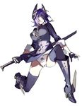  boots cardigan eyepatch kantai_collection necktie panties purple_hair sheath sheathed short_hair solo starshadowmagician sword tenryuu_(kantai_collection) thighhighs underwear weapon yellow_eyes 