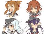  akatsuki_(kantai_collection) blue_eyes blue_hair blush brown_eyes brown_hair closed_eyes crying crying_with_eyes_open esoragoto folded_ponytail hair_ornament hairclip hat hibiki_(kantai_collection) ikazuchi_(kantai_collection) inazuma_(kantai_collection) kantai_collection long_hair multiple_girls neckerchief open_mouth school_uniform serafuku short_hair silver_hair tears upper_body wiping_tears 