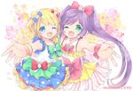  ;d blonde_hair blue_eyes bow double_bun green_eyes hair_bow hair_bun hair_ornament hair_ribbon heart heart-shaped_pupils kosuzume long_hair looking_at_viewer manaka_lala minami_mirei multiple_girls one_eye_closed open_mouth pretty_(series) pripara purple_hair reaching ribbon smile symbol-shaped_pupils twintails twitter_username 